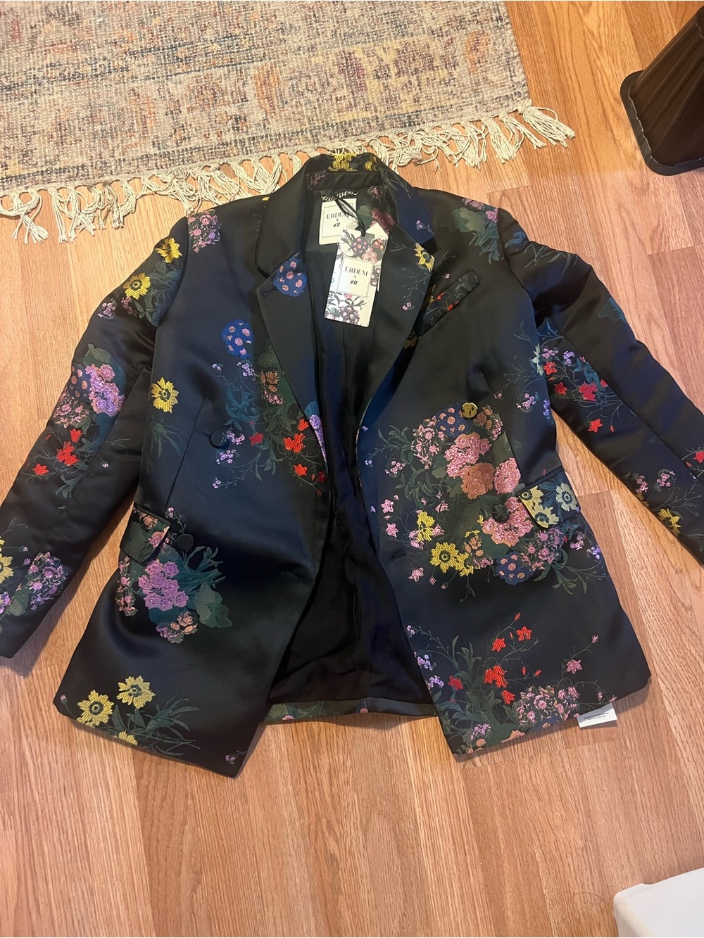 ERDEM Black Satin Floral Blazer